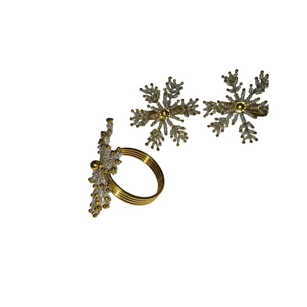 Set 6 White Clear Seed Beaded Gold Winter Christmas Snowflake Napkin Rings